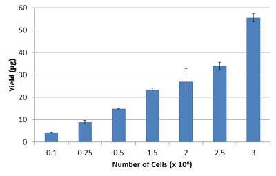 Figure 3. Yield of Genomic DNA from 0.1 x 10^6 up to 3 x 10^6 mammalian cells