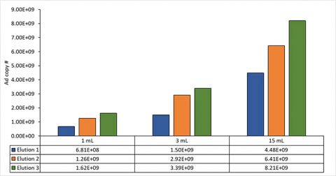 Adenovirus vector was eluted from the kit from various volumes of supernatant:  1 mL, 3 mL, and 15 mL.